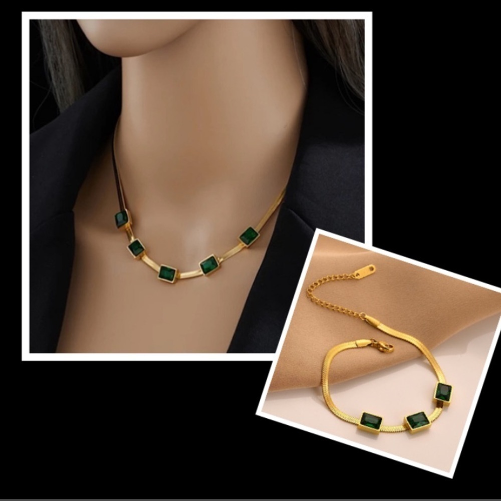 Emerald Gold Plated Zircon Necklace Bracelet Matching Set